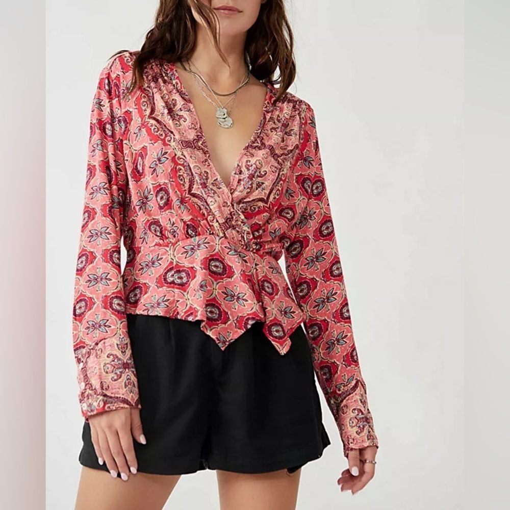 Free People Falling for you Pink Faux wrap top small